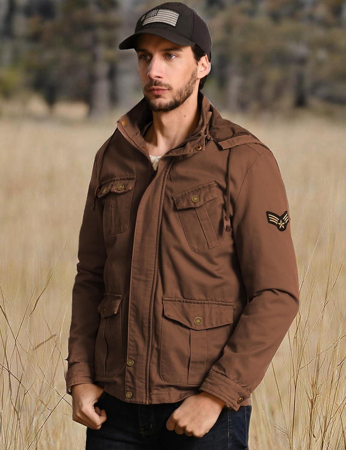 imageWenVen Mens Casual Canvas Cotton Jacket Hooded Military Utility JacketDeep Brown
