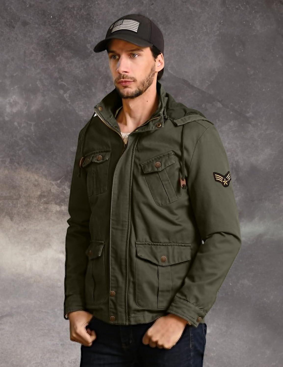 imageWenVen Mens Casual Canvas Cotton Jacket Hooded Military Utility JacketMilitary Green