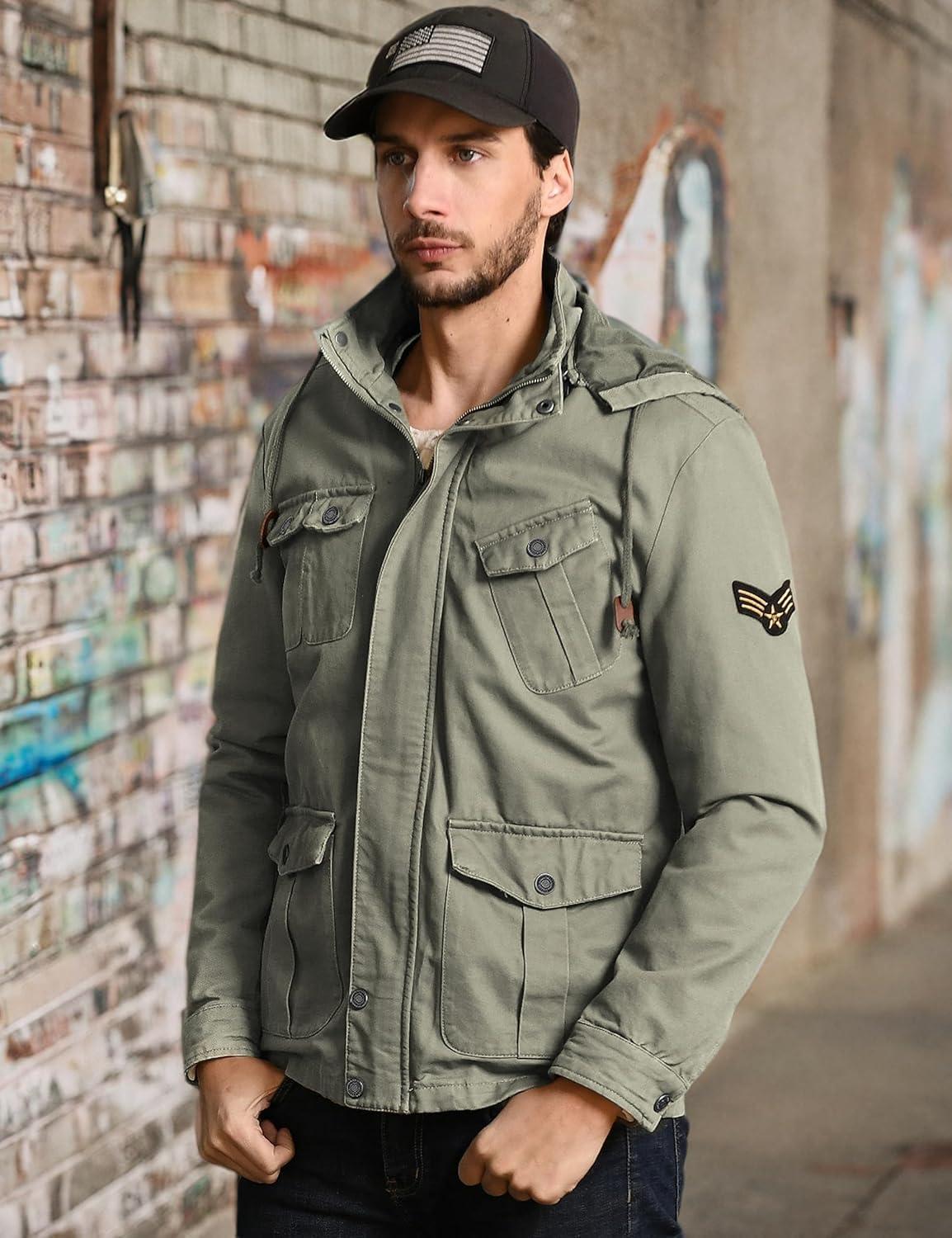 imageWenVen Mens Casual Canvas Cotton Jacket Hooded Military Utility JacketOlive