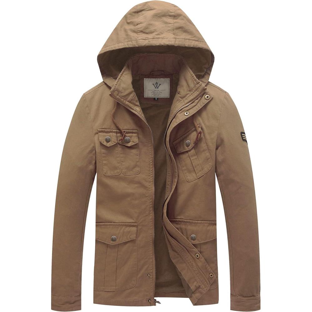 imageWenVen Mens Casual Canvas Cotton Jacket Hooded Military Utility JacketCamel