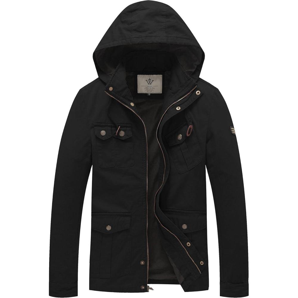 imageWenVen Mens Casual Canvas Cotton Jacket Hooded Military Utility JacketDark Black