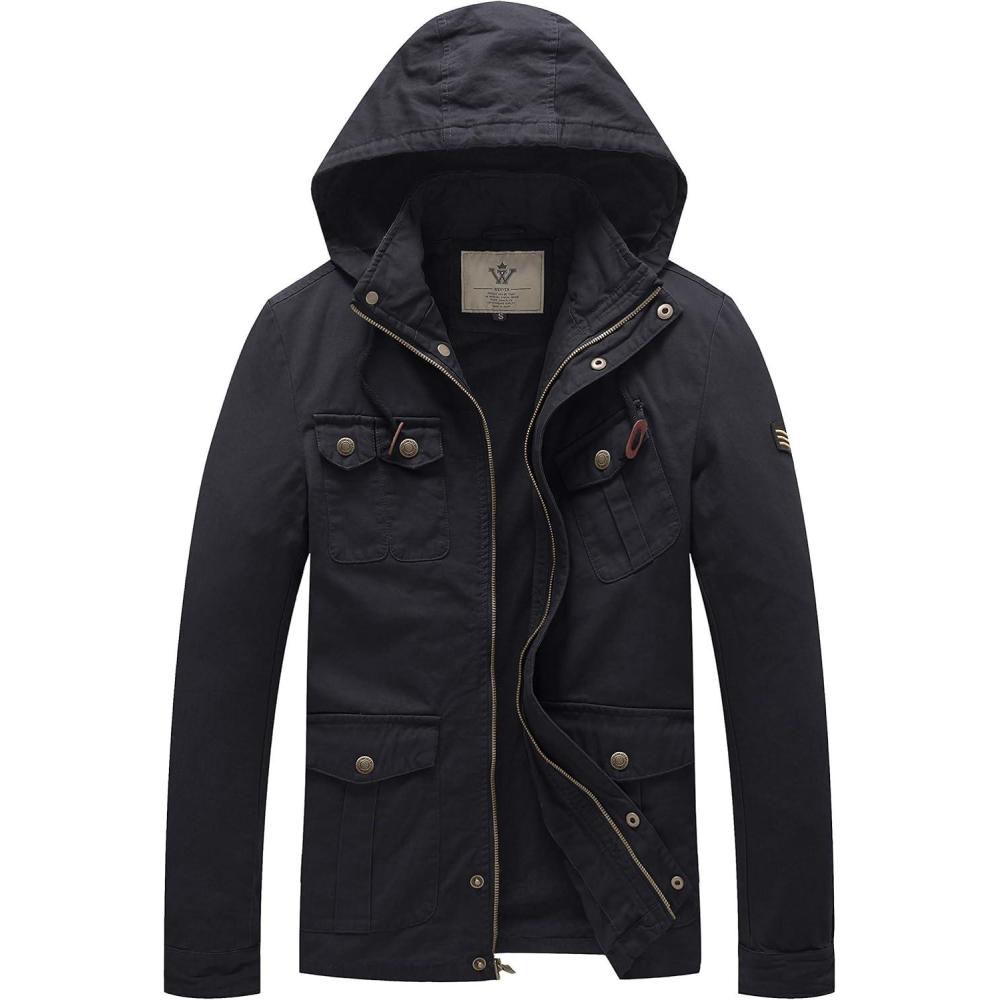 imageWenVen Mens Casual Canvas Cotton Jacket Hooded Military Utility JacketDark Grey