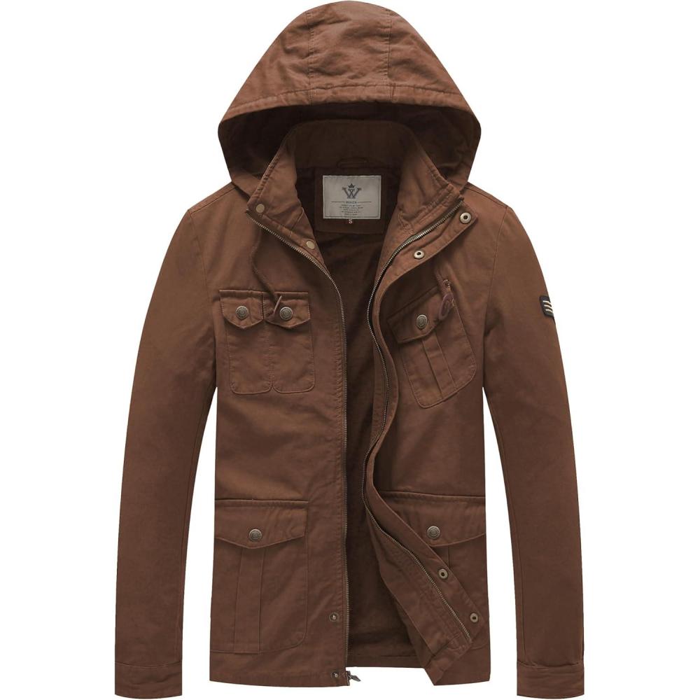 imageWenVen Mens Casual Canvas Cotton Jacket Hooded Military Utility JacketDeep Brown