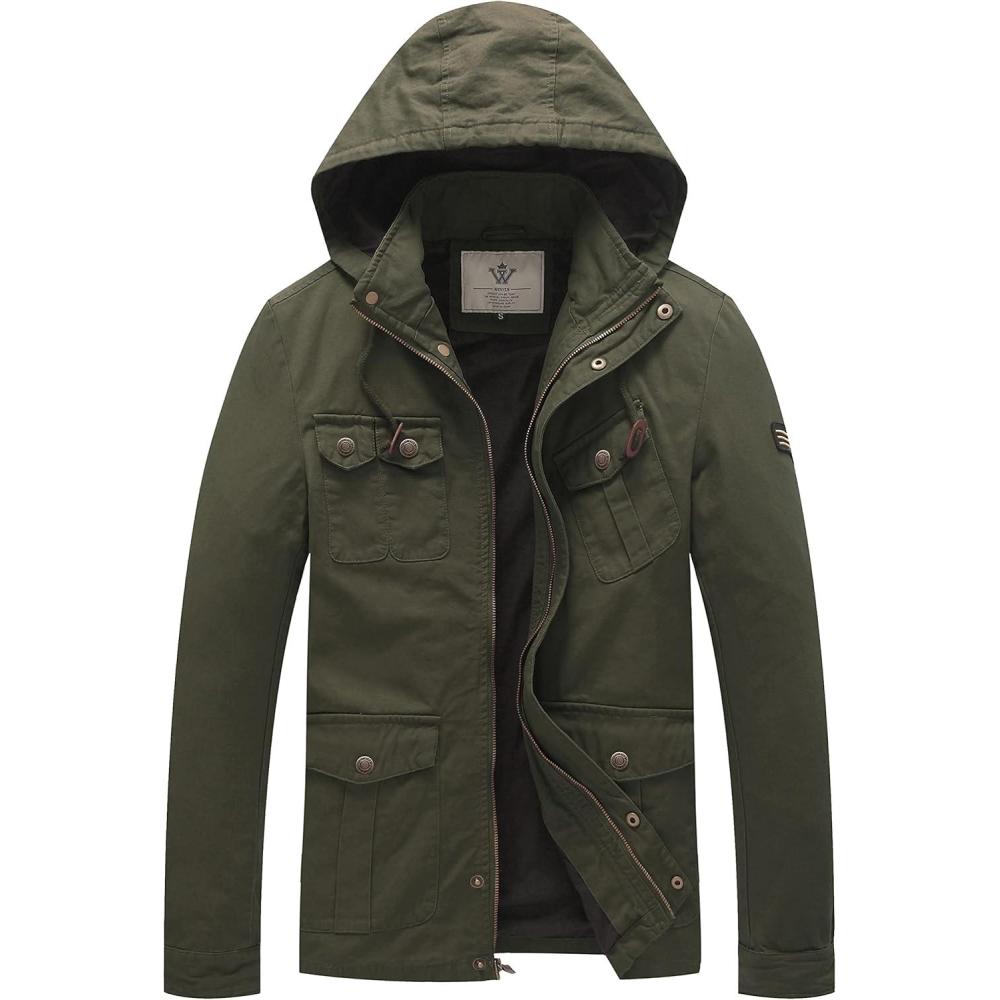 imageWenVen Mens Casual Canvas Cotton Jacket Hooded Military Utility JacketMilitary Green