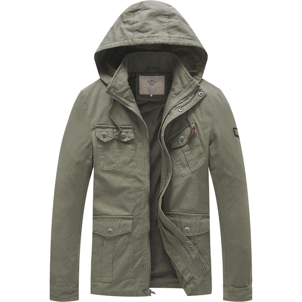 imageWenVen Mens Casual Canvas Cotton Jacket Hooded Military Utility JacketOlive