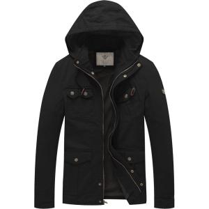 WenVen Men’s Casual Canvas Cotton Jacket Hooded Military Utility Jacket(Dark Black)