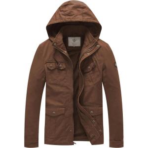 WenVen Men’s Casual Canvas Cotton Jacket Hooded Military Utility Jacket(Deep Brown)