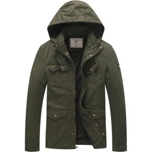 WenVen Men’s Casual Canvas Cotton Jacket Hooded Military Utility Jacket(Military Green)