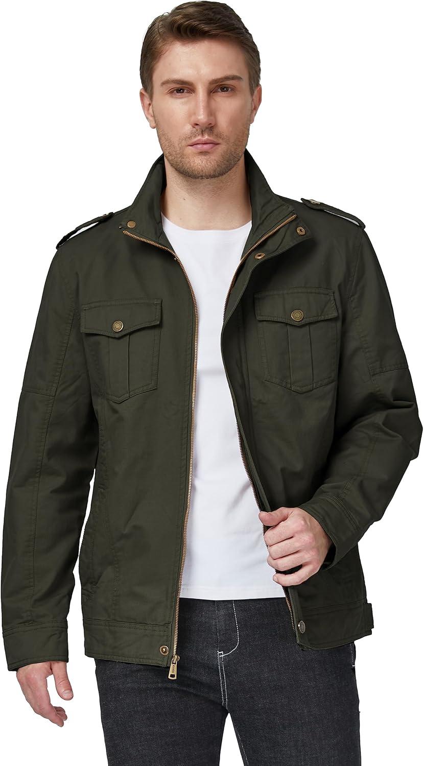 imageWenVen Mens Casual Washed Cotton Military Jacket