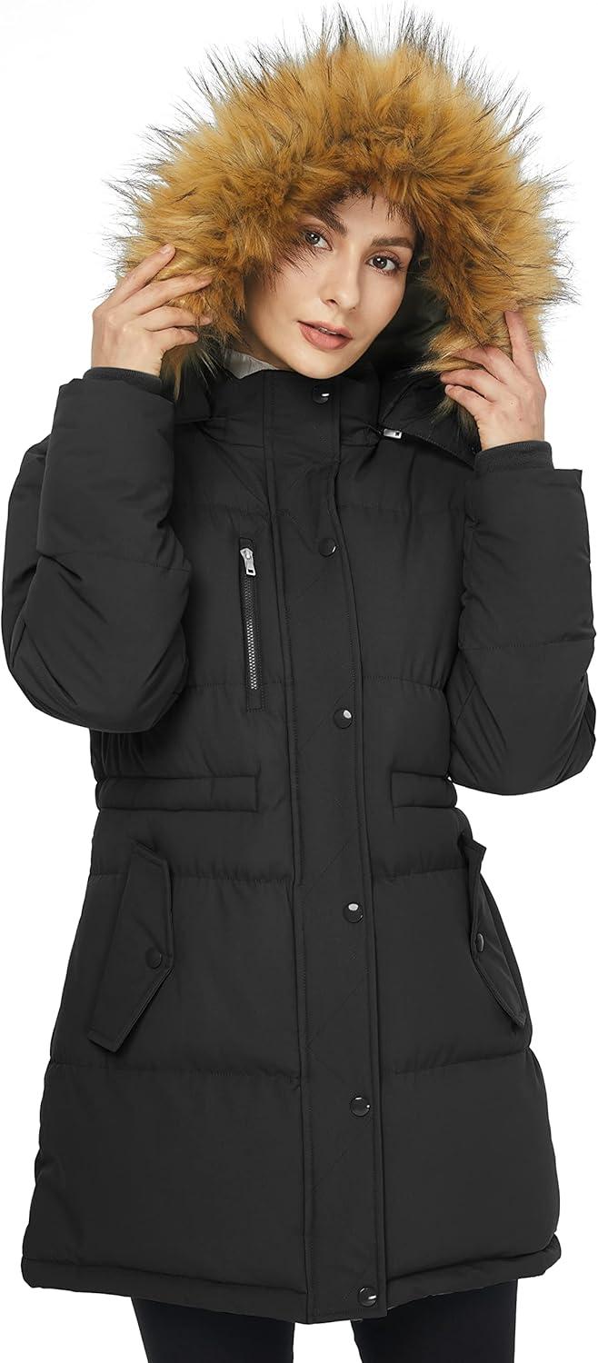imageWenVen Womens Parka Winter Coats Warm Puffer Jacket with Removable Fur HoodBlack
