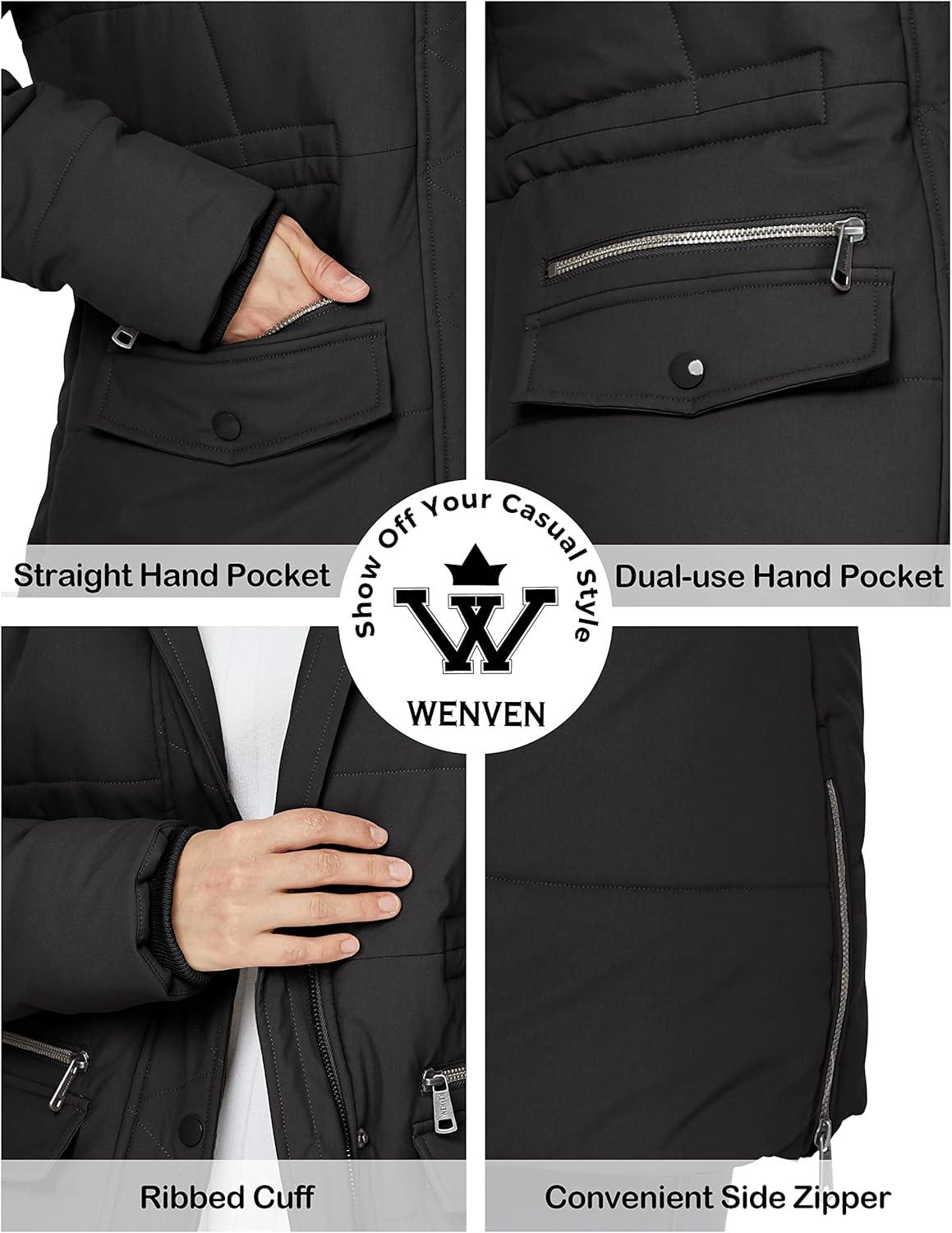 imageWenVen Womens Winter Waterproof Thickened Puffer Parka Coat with Fur HoodDark Black