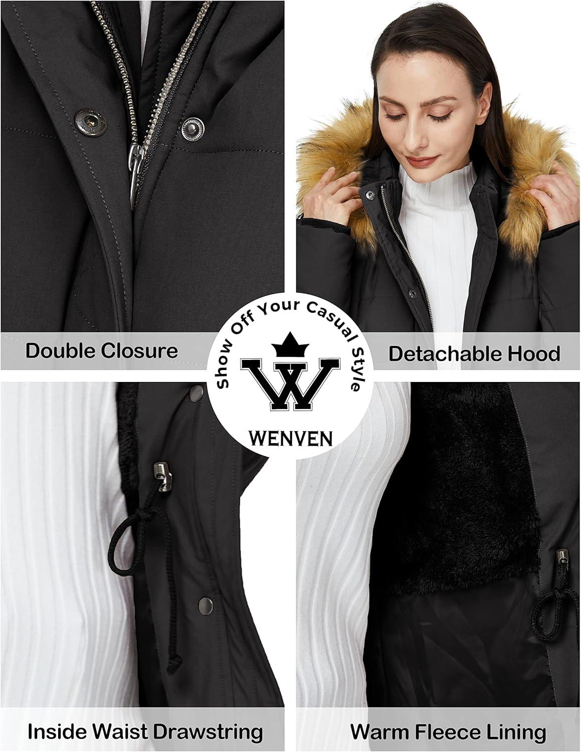 imageWenVen Womens Winter Waterproof Thickened Puffer Parka Coat with Fur HoodDark Black