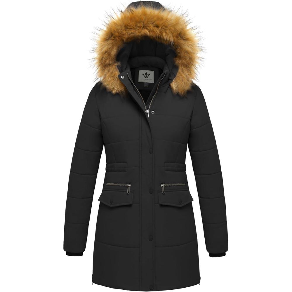 imageWenVen Womens Winter Waterproof Thickened Puffer Parka Coat with Fur HoodDark Black