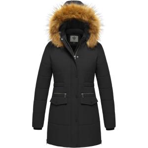 WenVen Women’s Winter Waterproof Thickened Puffer Parka Coat with Fur Hood(Dark Black)