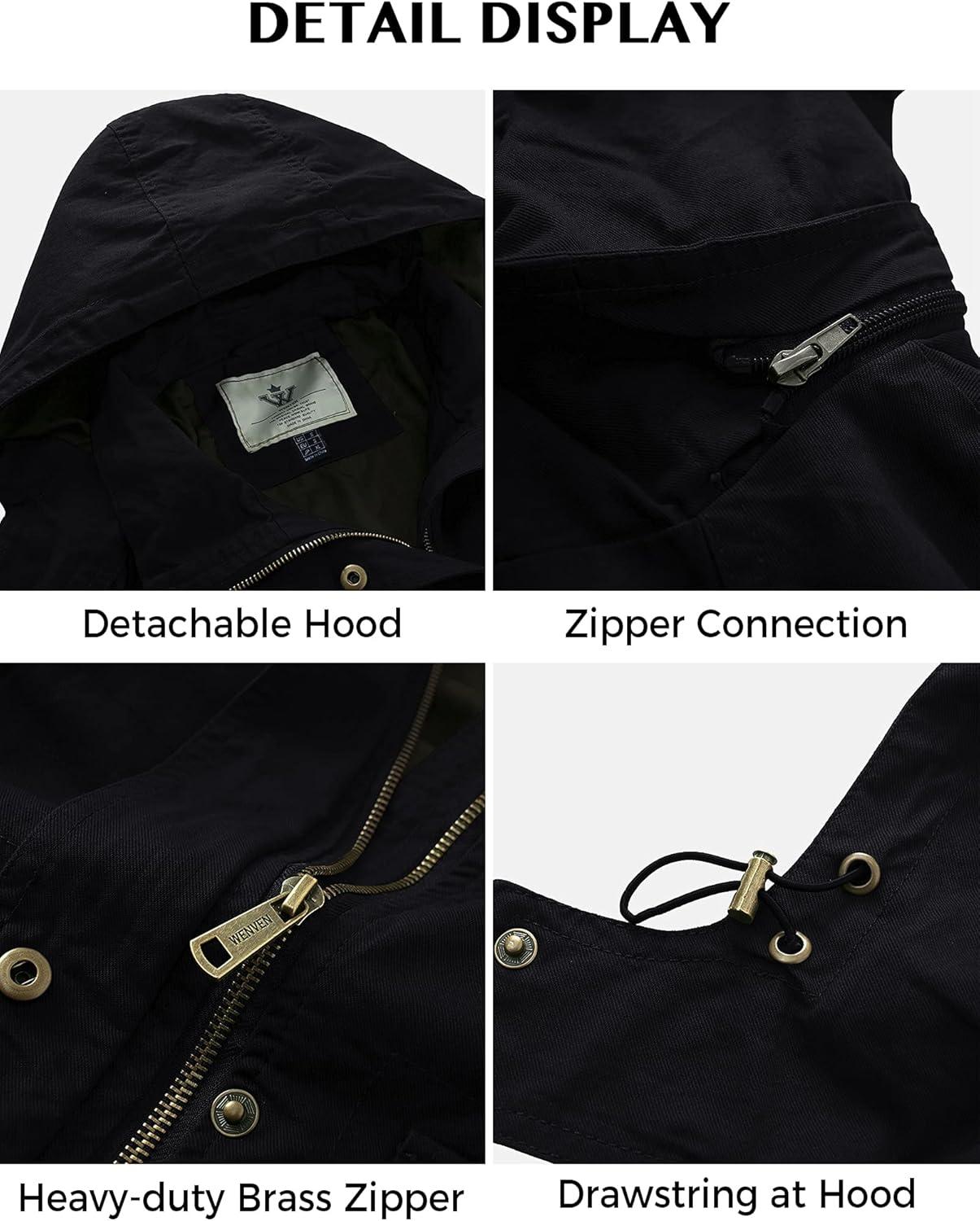 imageWenVen Womens Casual Cotton Military Jacket Lightweight Hooded Anorak CoatBlack