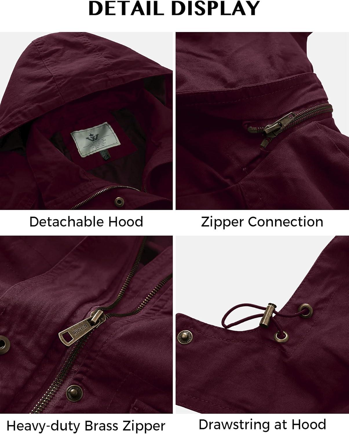 imageWenVen Womens Casual Cotton Military Jacket Lightweight Hooded Anorak CoatDeep Wine