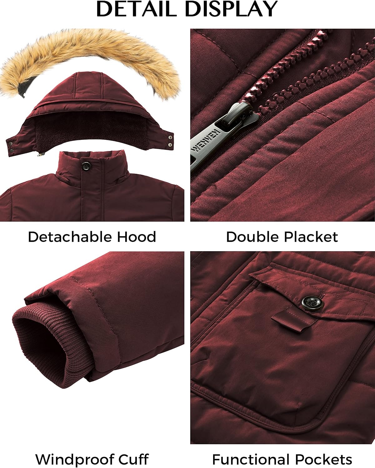 image:imageWenVen Mens Winter Coat Warm Parka Jacket with Faux Fur Removable HoodRed
