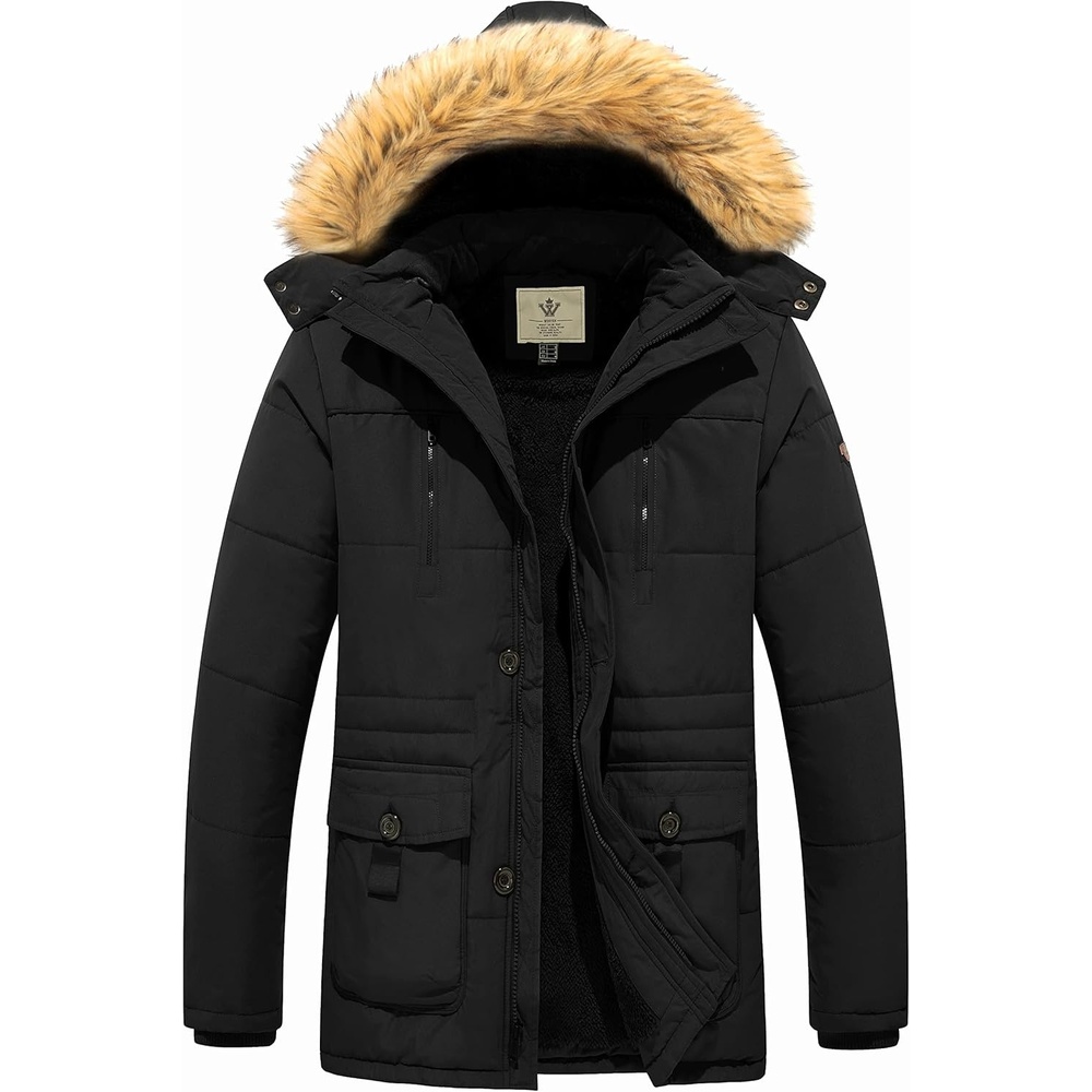 image:imageWenVen Mens Winter Coat Warm Parka Jacket with Faux Fur Removable HoodBlack