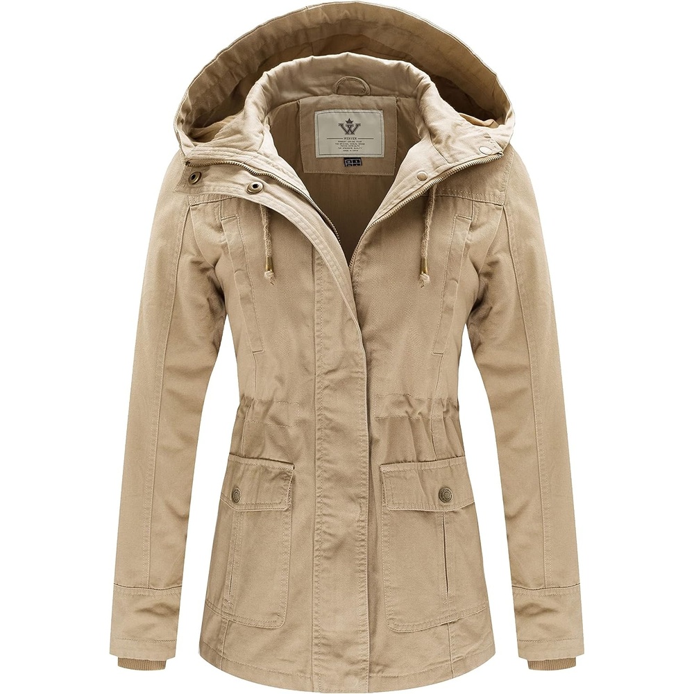 image:imageWenVen Womens Cotton Military Jacket Lightweight Casual Anorak Coat Spring amp Fall Outerwear with Removable HoodKhaki
