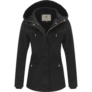 WenVen Women’s Cotton Military Jacket Lightweight Casual Anorak Coat | Spring & Fall Outerwear with Removable Hood(Black)