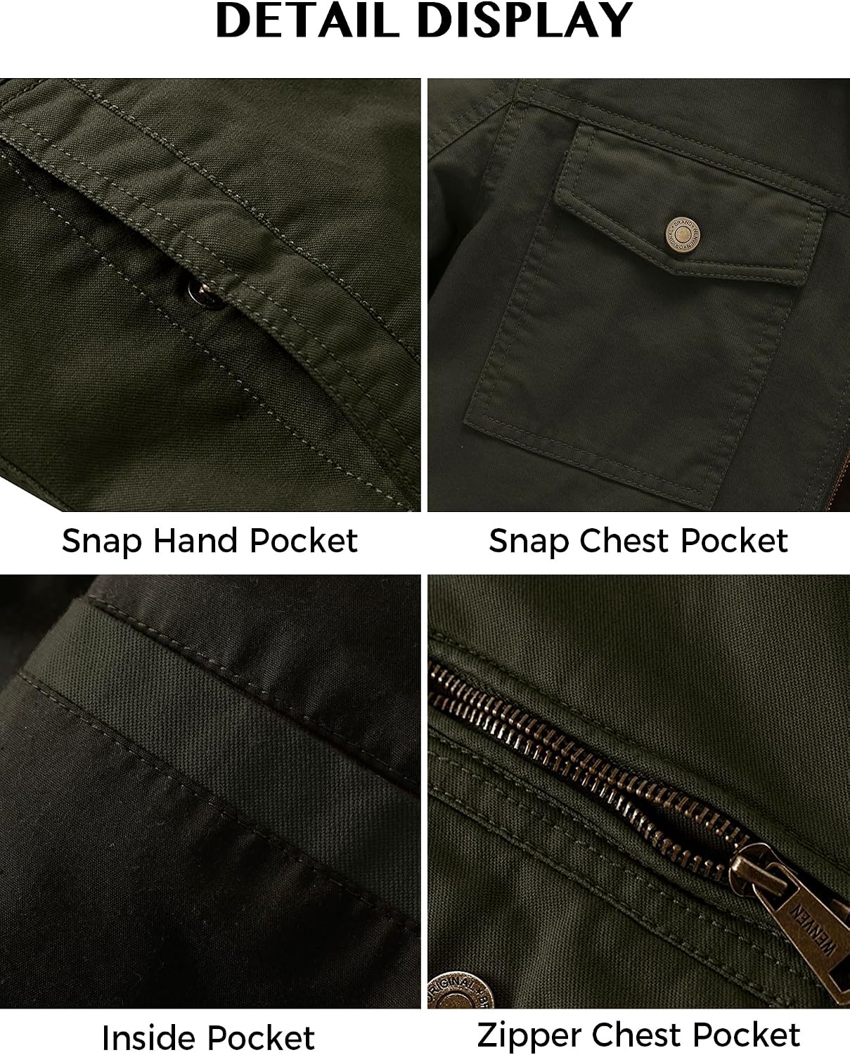 image:imageWenVen Mens Casual Canvas Cotton Military Lapel Jacket SpringFall Utility Workwear Coat Regular Big Tall SizesArmy Green