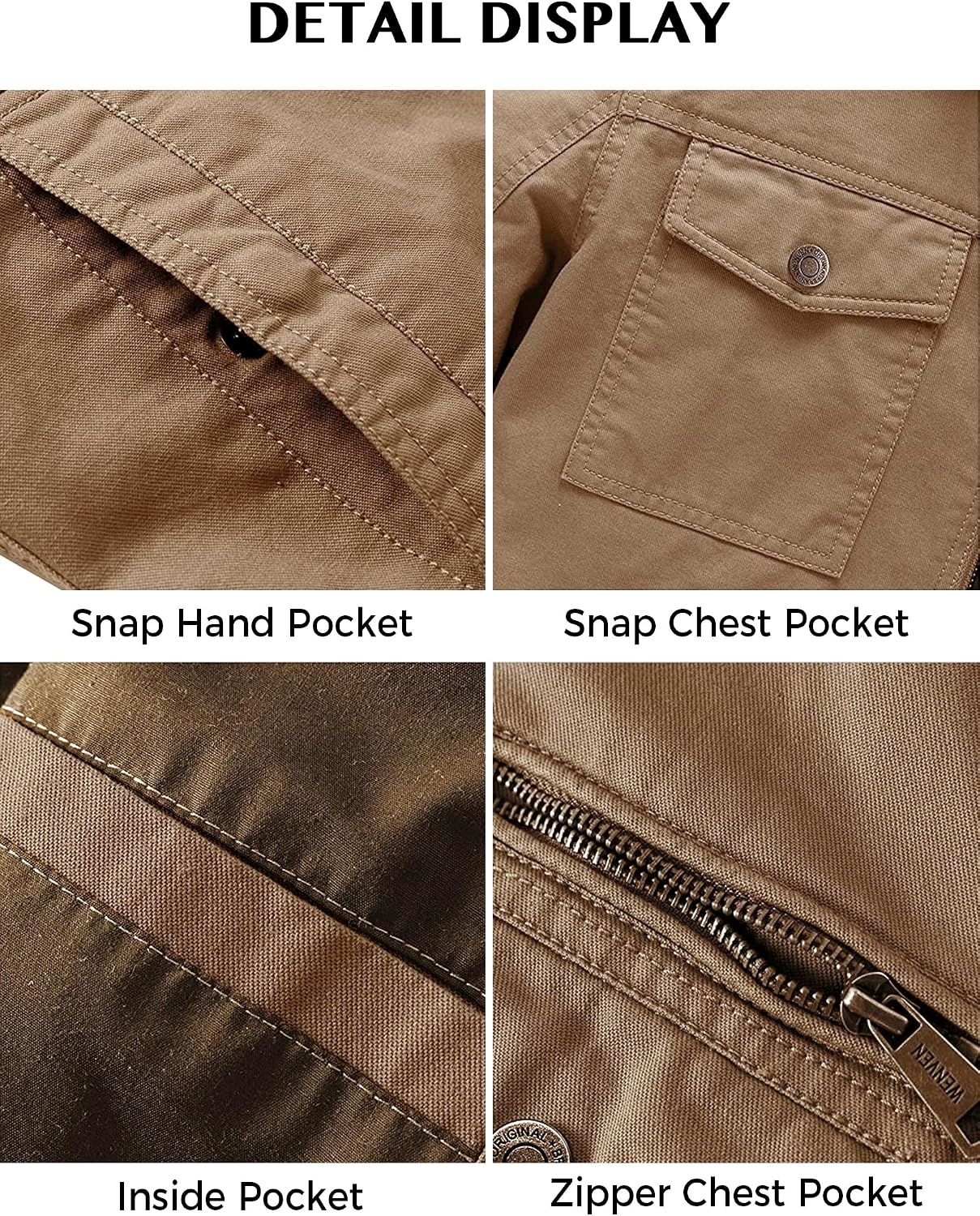 image:imageWenVen Mens Casual Canvas Cotton Military Lapel Jacket SpringFall Utility Workwear Coat Regular Big Tall SizesKhaki