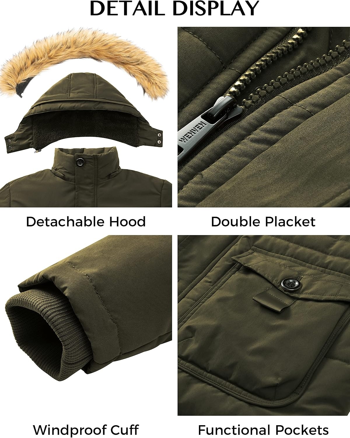 image:imageWenVen Mens Hooded Warm Coat Winter Parka Jacket Fleece Lined Puffer OuterwearArmy Green