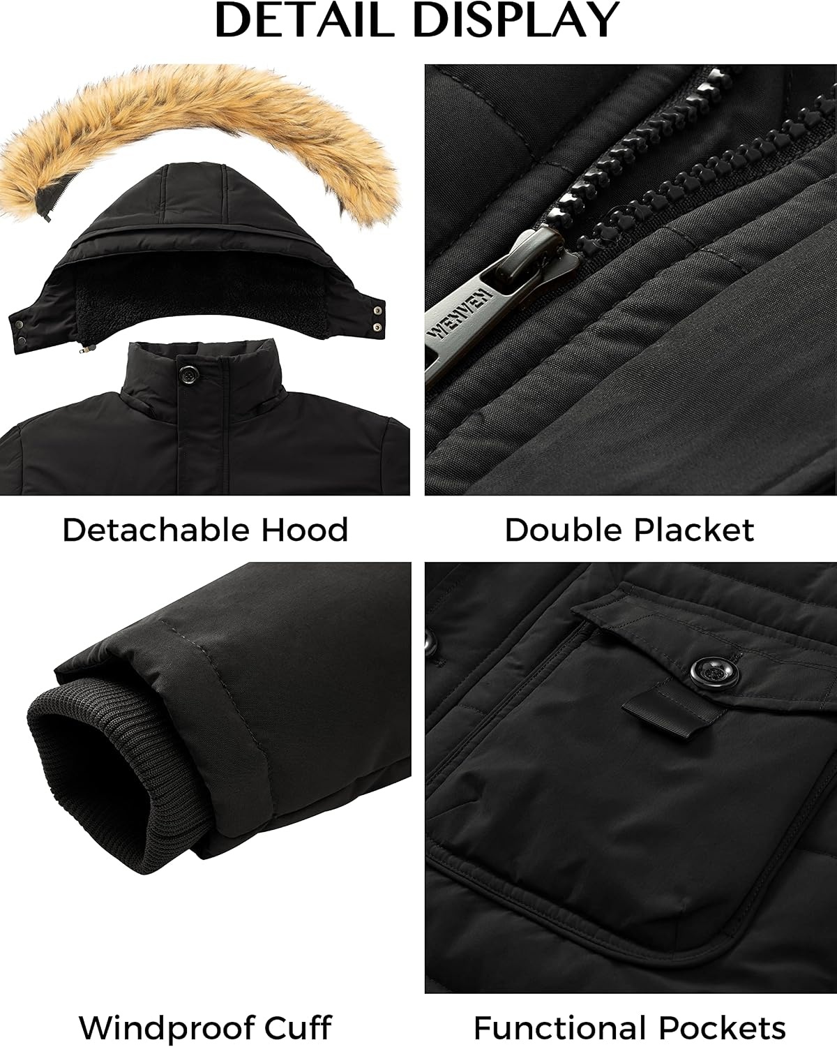 image:imageWenVen Mens Hooded Warm Coat Winter Parka Jacket Fleece Lined Puffer OuterwearBlack
