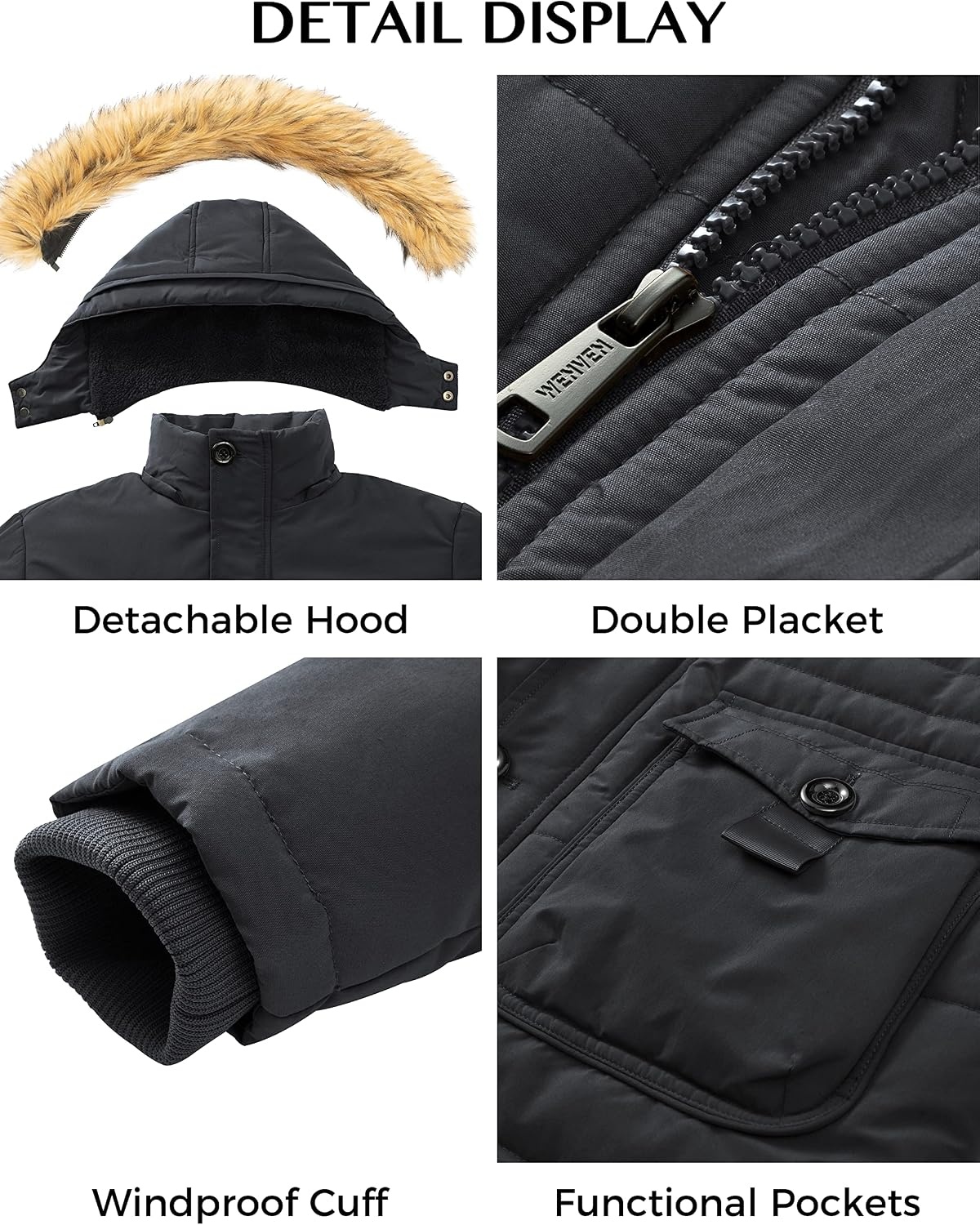 image:imageWenVen Mens Hooded Warm Coat Winter Parka Jacket Fleece Lined Puffer OuterwearCharcoal