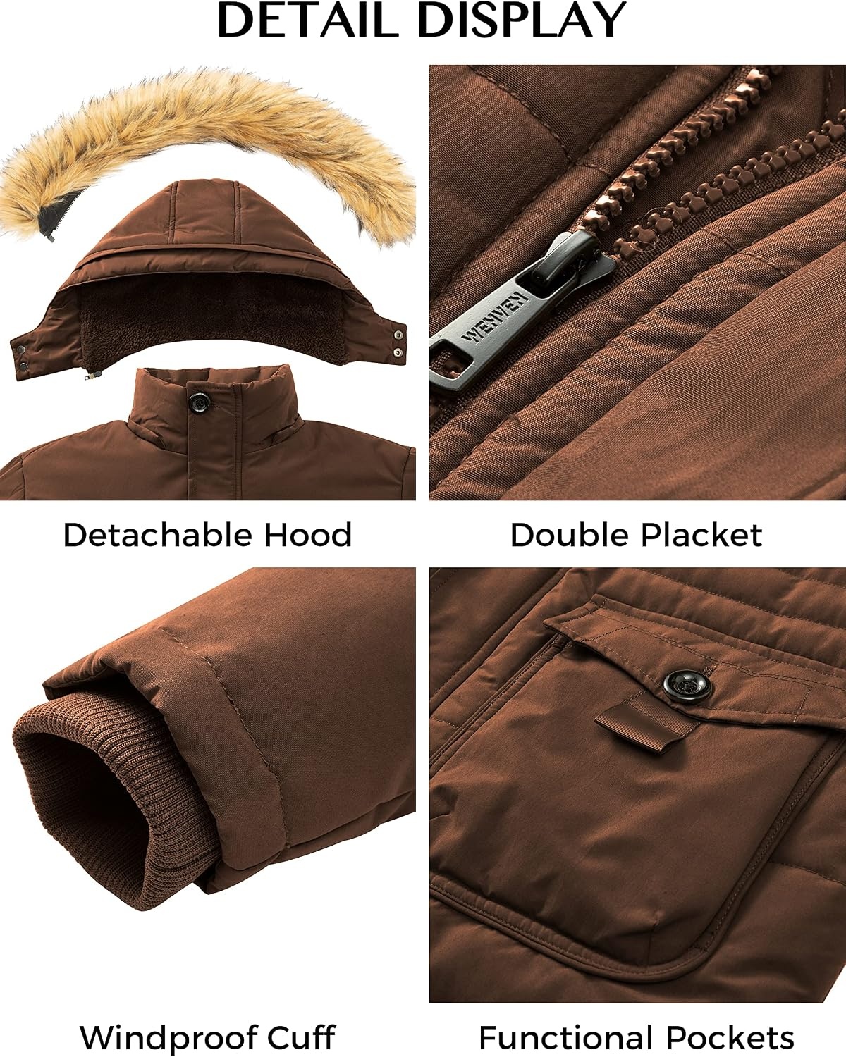 image:imageWenVen Mens Hooded Warm Coat Winter Parka Jacket Fleece Lined Puffer OuterwearCoffee