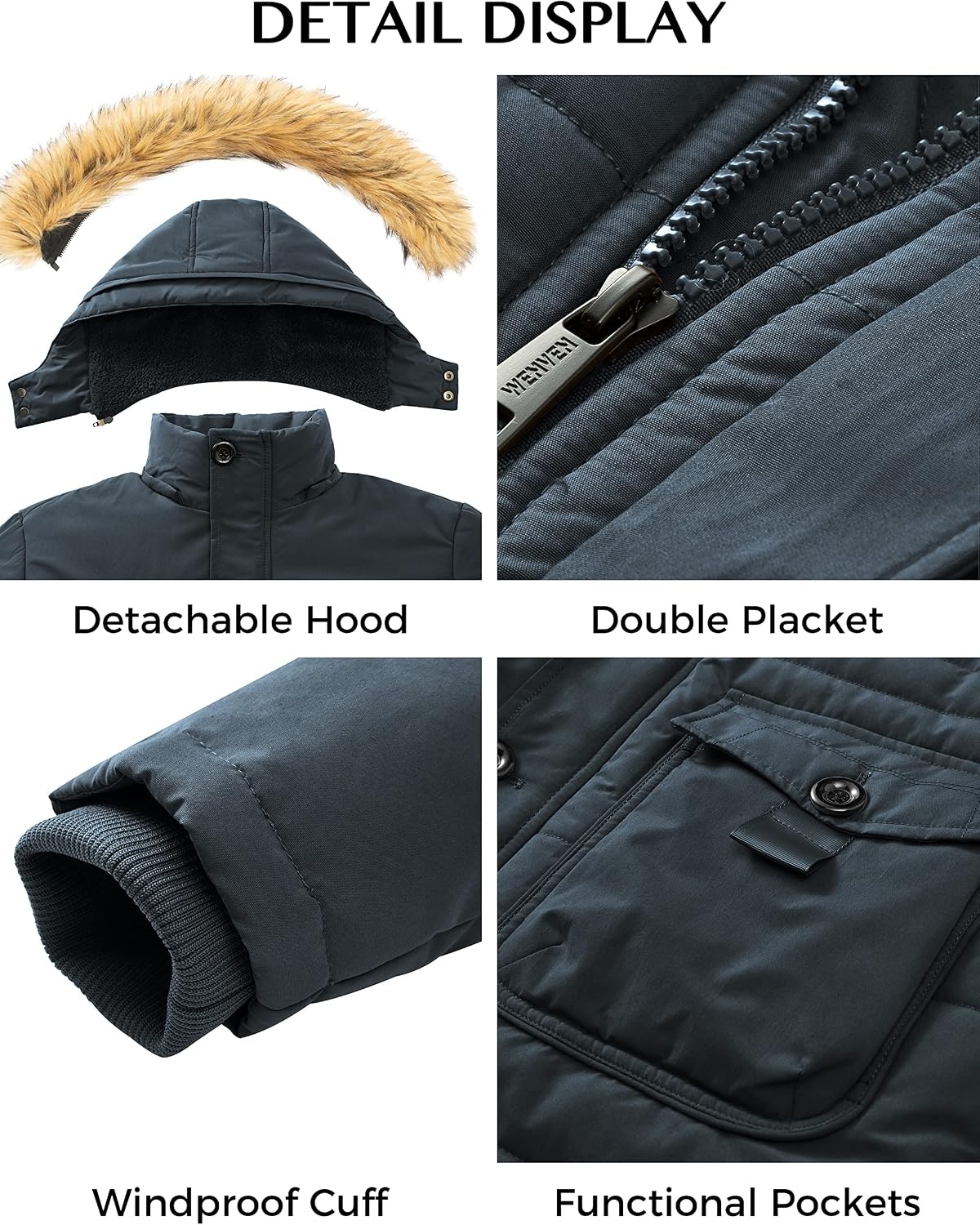 image:imageWenVen Mens Hooded Warm Coat Winter Parka Jacket Fleece Lined Puffer OuterwearGrey