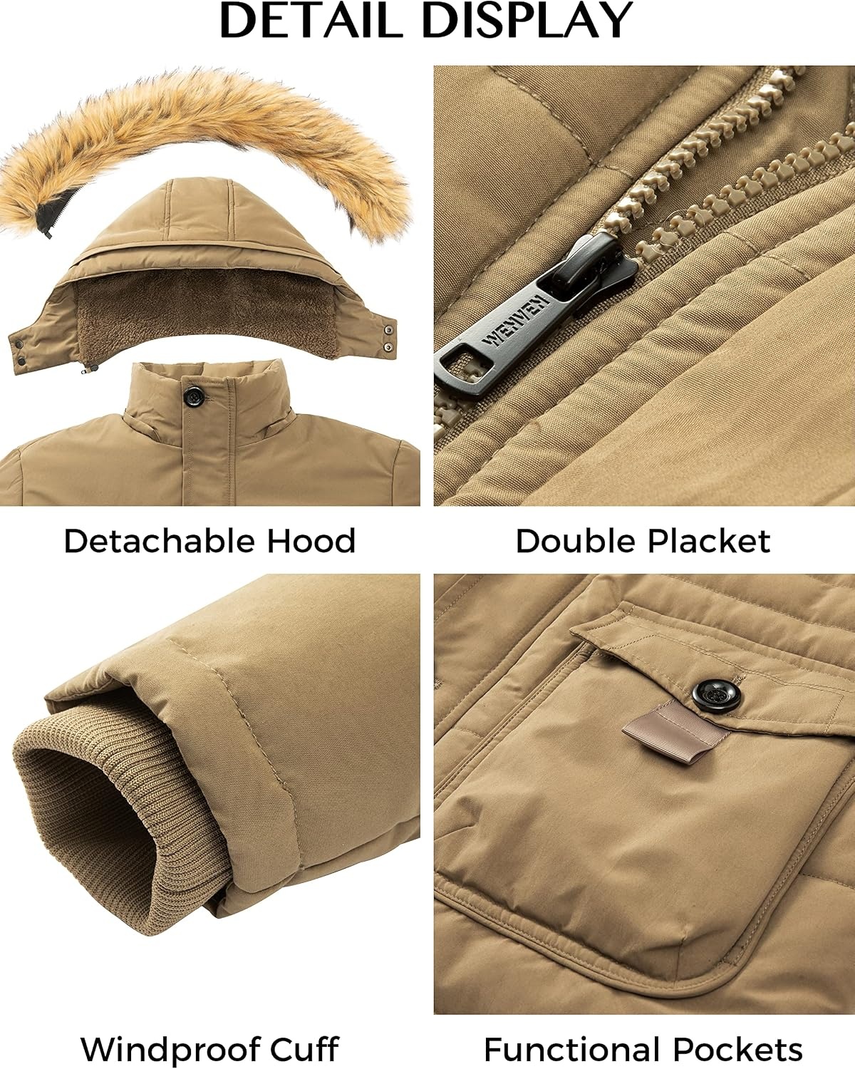 image:imageWenVen Mens Hooded Warm Coat Winter Parka Jacket Fleece Lined Puffer OuterwearKhaki