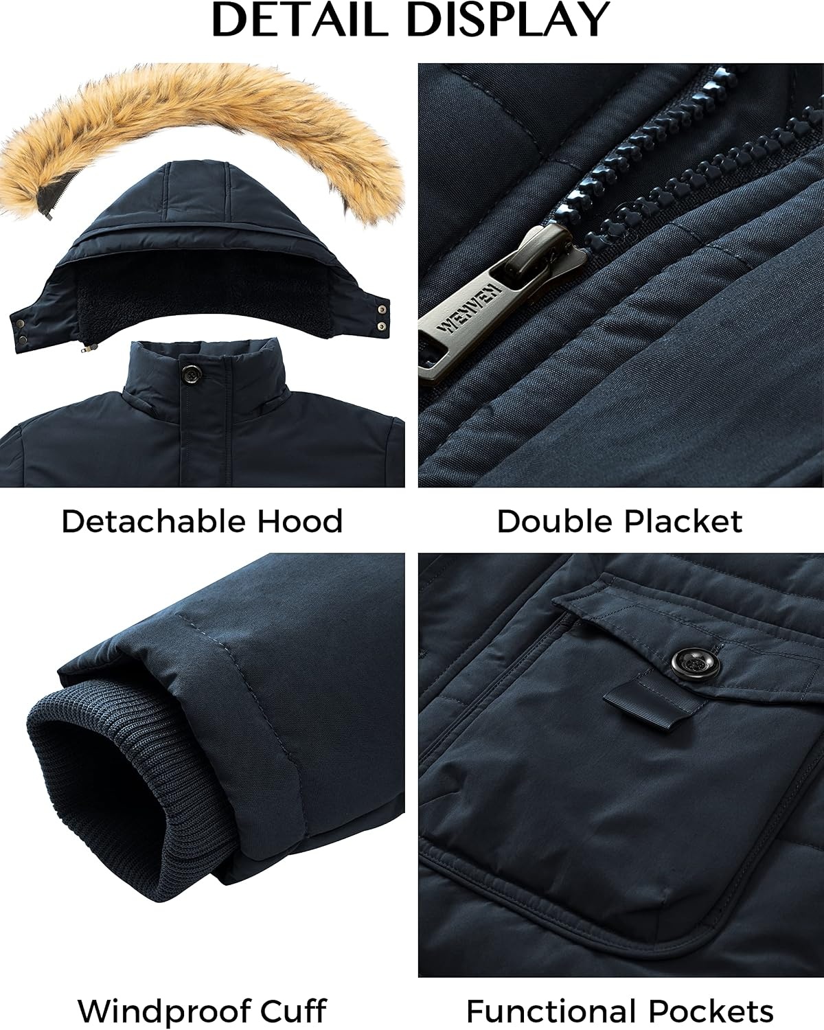image:imageWenVen Mens Hooded Warm Coat Winter Parka Jacket Fleece Lined Puffer OuterwearNavy