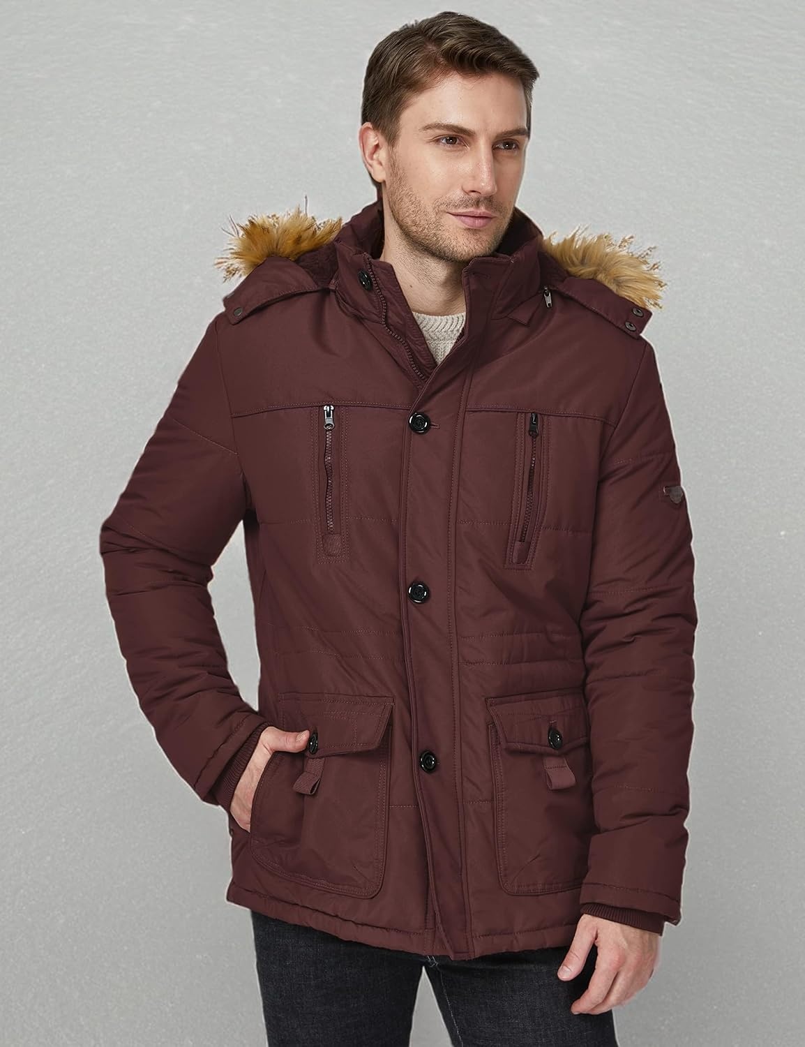 image:imageWenVen Mens Hooded Warm Coat Winter Parka Jacket Fleece Lined Puffer OuterwearRed