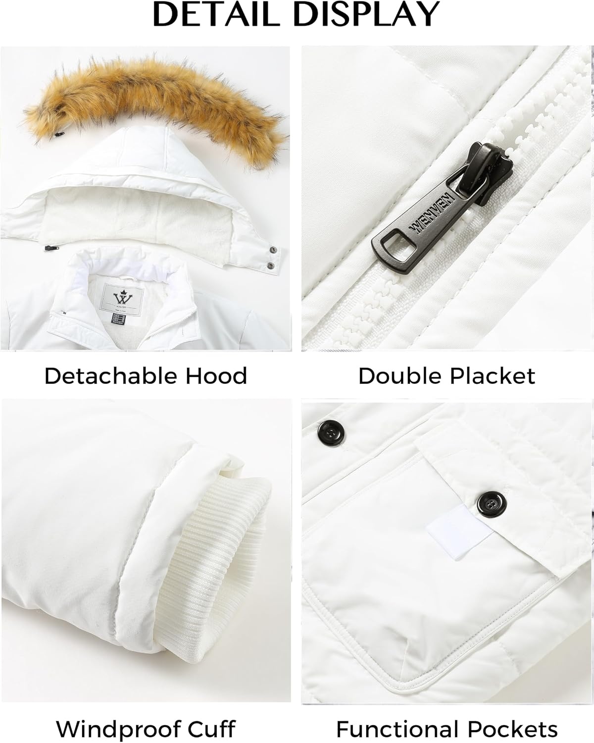 image:imageWenVen Mens Hooded Warm Coat Winter Parka Jacket Fleece Lined Puffer OuterwearWhite
