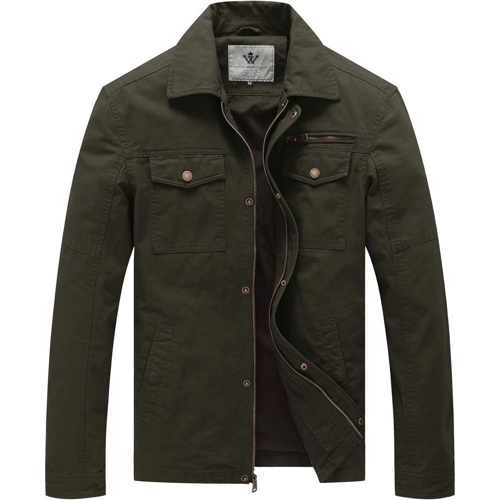image:imageWenVen Mens Casual Canvas Cotton Military Lapel Jacket SpringFall Utility Workwear Coat Regular Big Tall SizesArmy Green