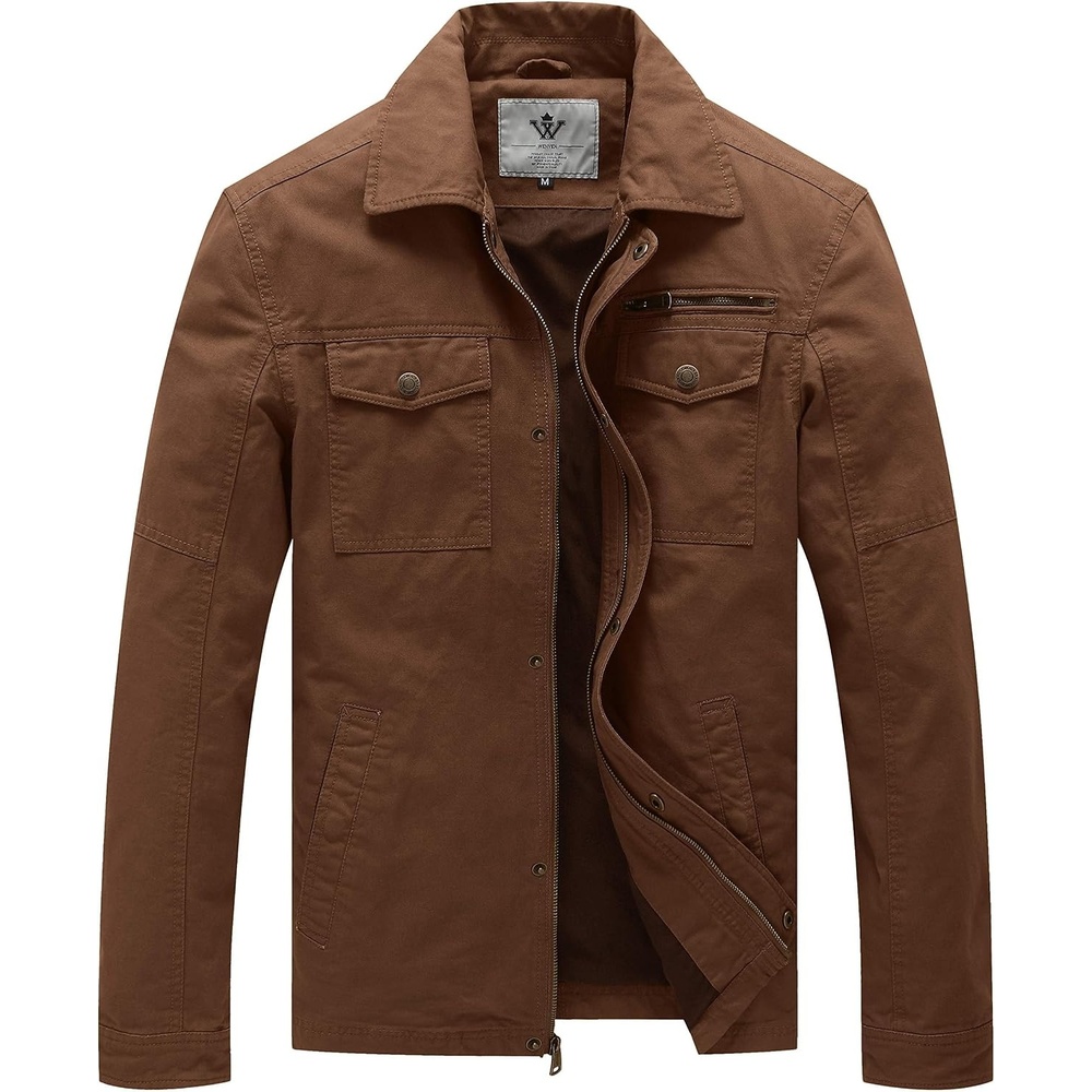 image:imageWenVen Mens Casual Canvas Cotton Military Lapel Jacket SpringFall Utility Workwear Coat Regular Big Tall SizesCoffee