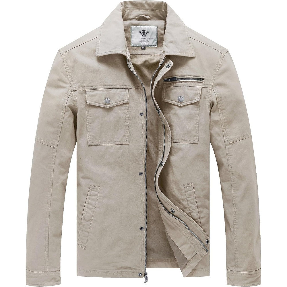 image:imageWenVen Mens Casual Canvas Cotton Military Lapel Jacket SpringFall Utility Workwear Coat Regular Big Tall SizesDesert Sand