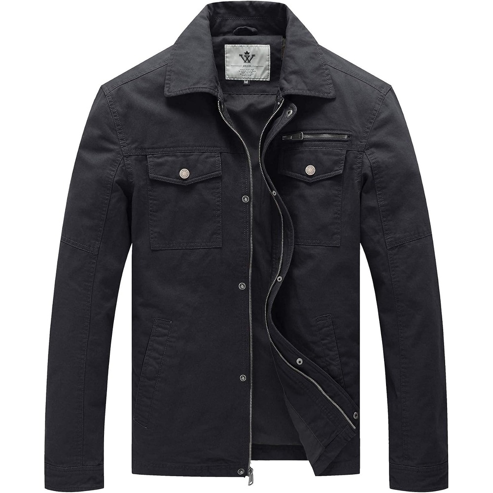 image:imageWenVen Mens Casual Canvas Cotton Military Lapel Jacket SpringFall Utility Workwear Coat Regular Big Tall SizesGrey