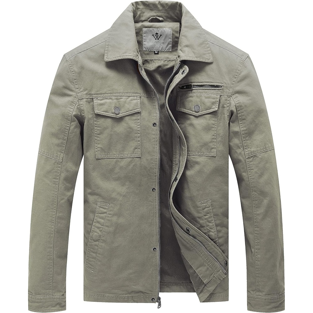 image:imageWenVen Mens Casual Canvas Cotton Military Lapel Jacket SpringFall Utility Workwear Coat Regular Big Tall SizesLight Olive