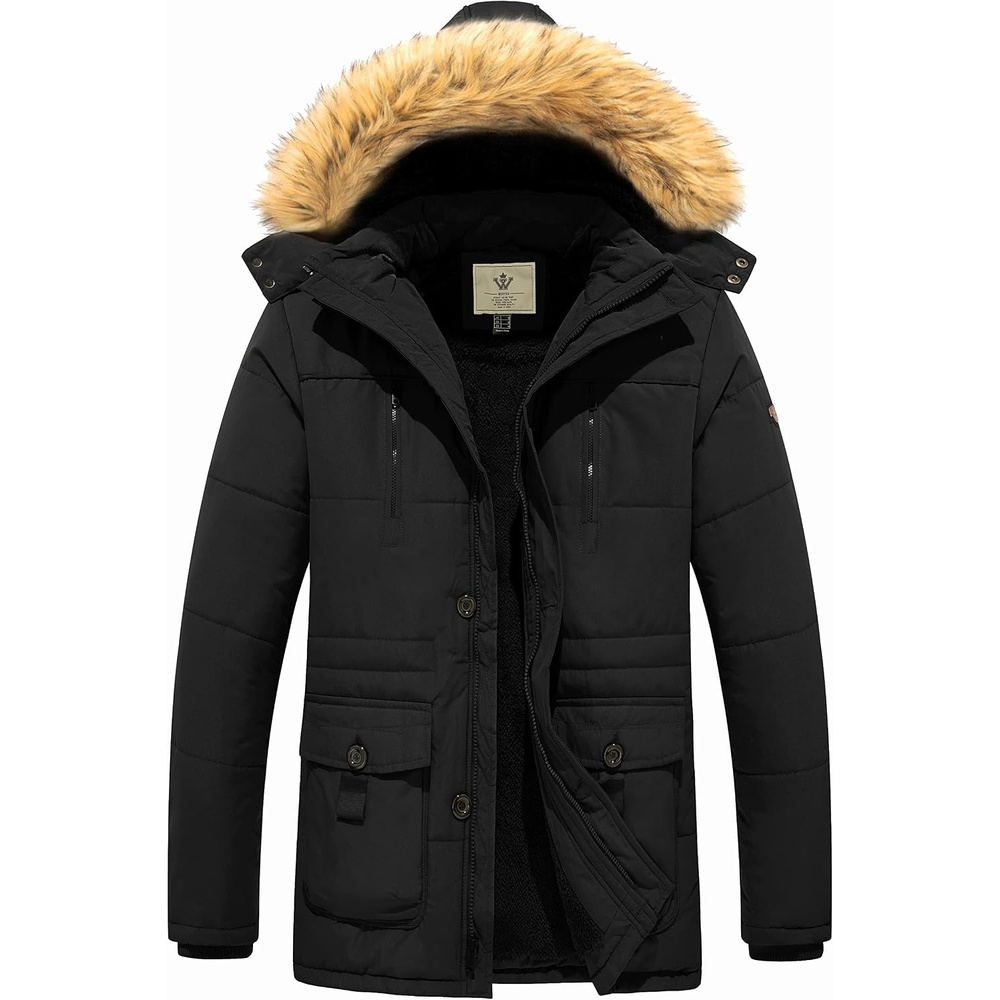 image:imageWenVen Mens Hooded Warm Coat Winter Parka Jacket Fleece Lined Puffer OuterwearBlack