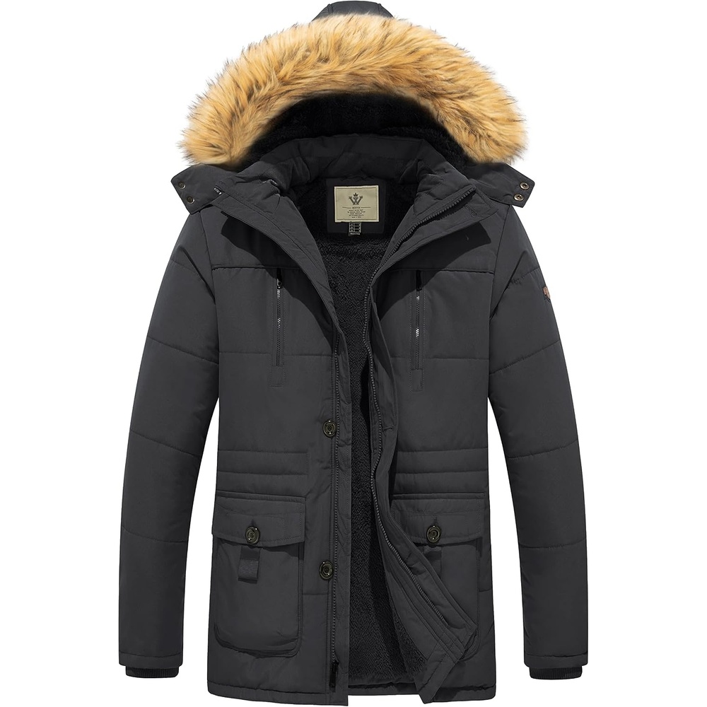 image:imageWenVen Mens Hooded Warm Coat Winter Parka Jacket Fleece Lined Puffer OuterwearCharcoal