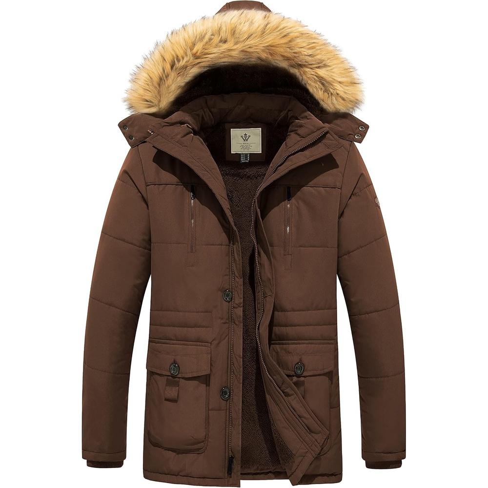 image:imageWenVen Mens Hooded Warm Coat Winter Parka Jacket Fleece Lined Puffer OuterwearCoffee