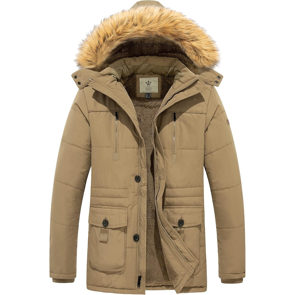image:imageWenVen Mens Hooded Warm Coat Winter Parka Jacket Fleece Lined Puffer OuterwearKhaki
