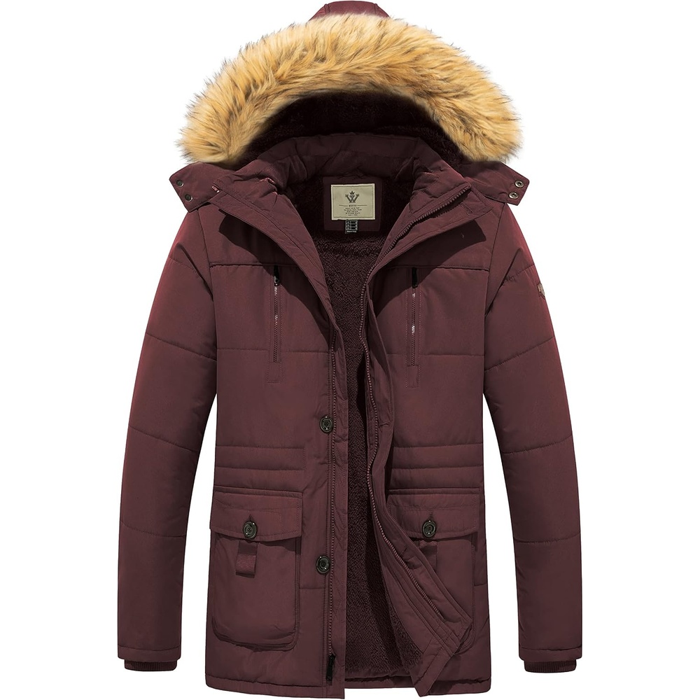 image:imageWenVen Mens Hooded Warm Coat Winter Parka Jacket Fleece Lined Puffer OuterwearRed