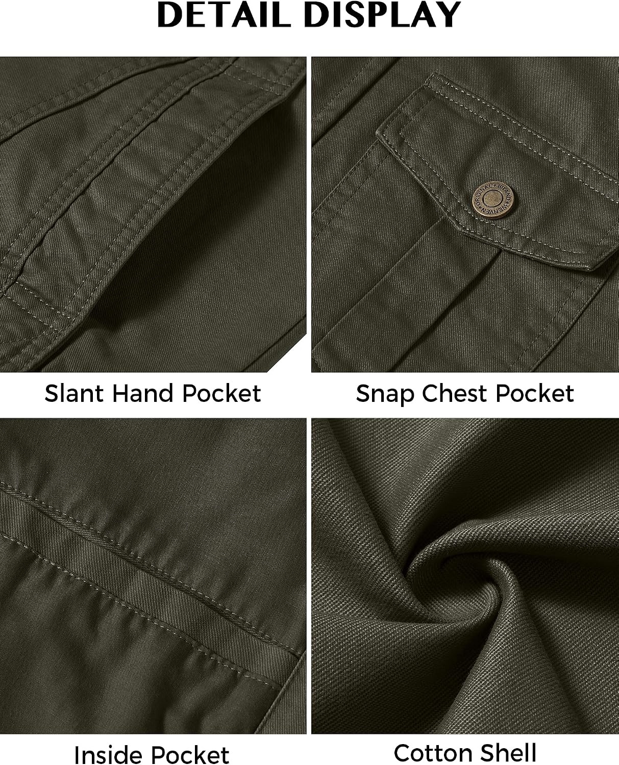 image:imageWenVen Mens Casual Washed Cotton Military Jacket Spring Fall Stand Collar Workwear Canvas CoatArmy Green