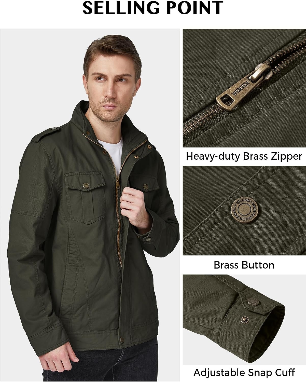 image:imageWenVen Mens Casual Washed Cotton Military Jacket Spring Fall Stand Collar Workwear Canvas CoatArmy Green