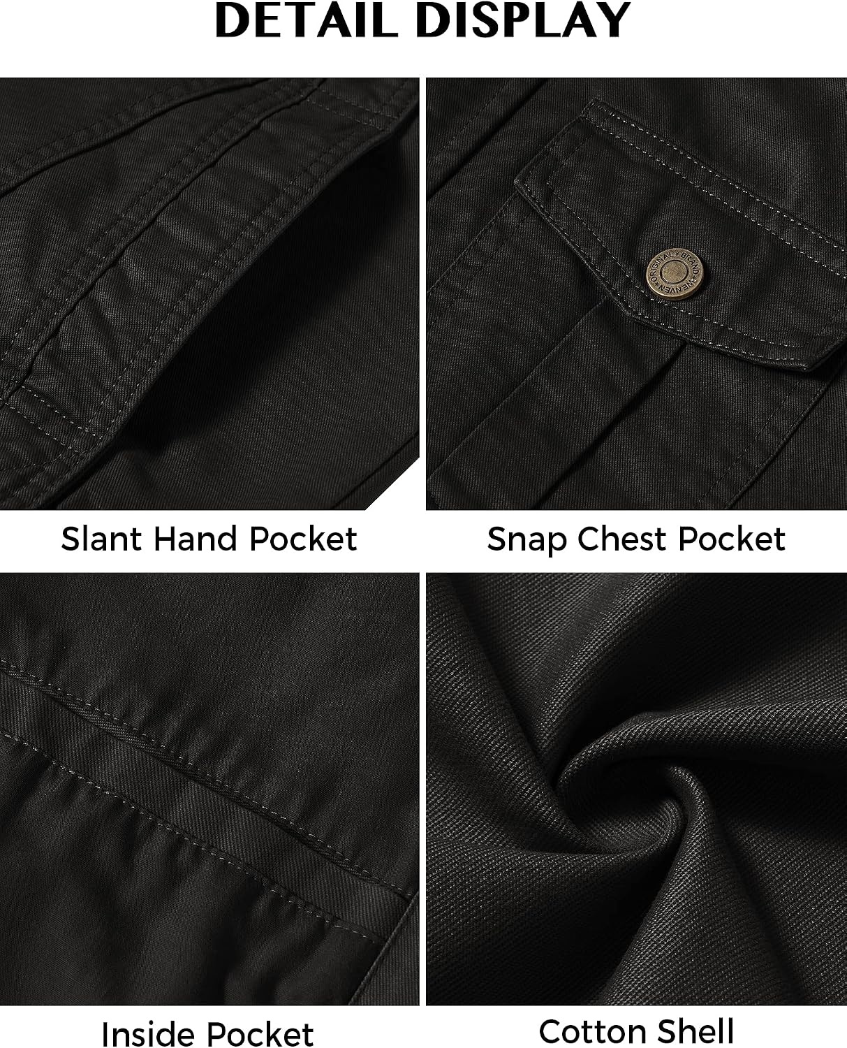 image:imageWenVen Mens Casual Washed Cotton Military Jacket Spring Fall Stand Collar Workwear Canvas CoatBlack