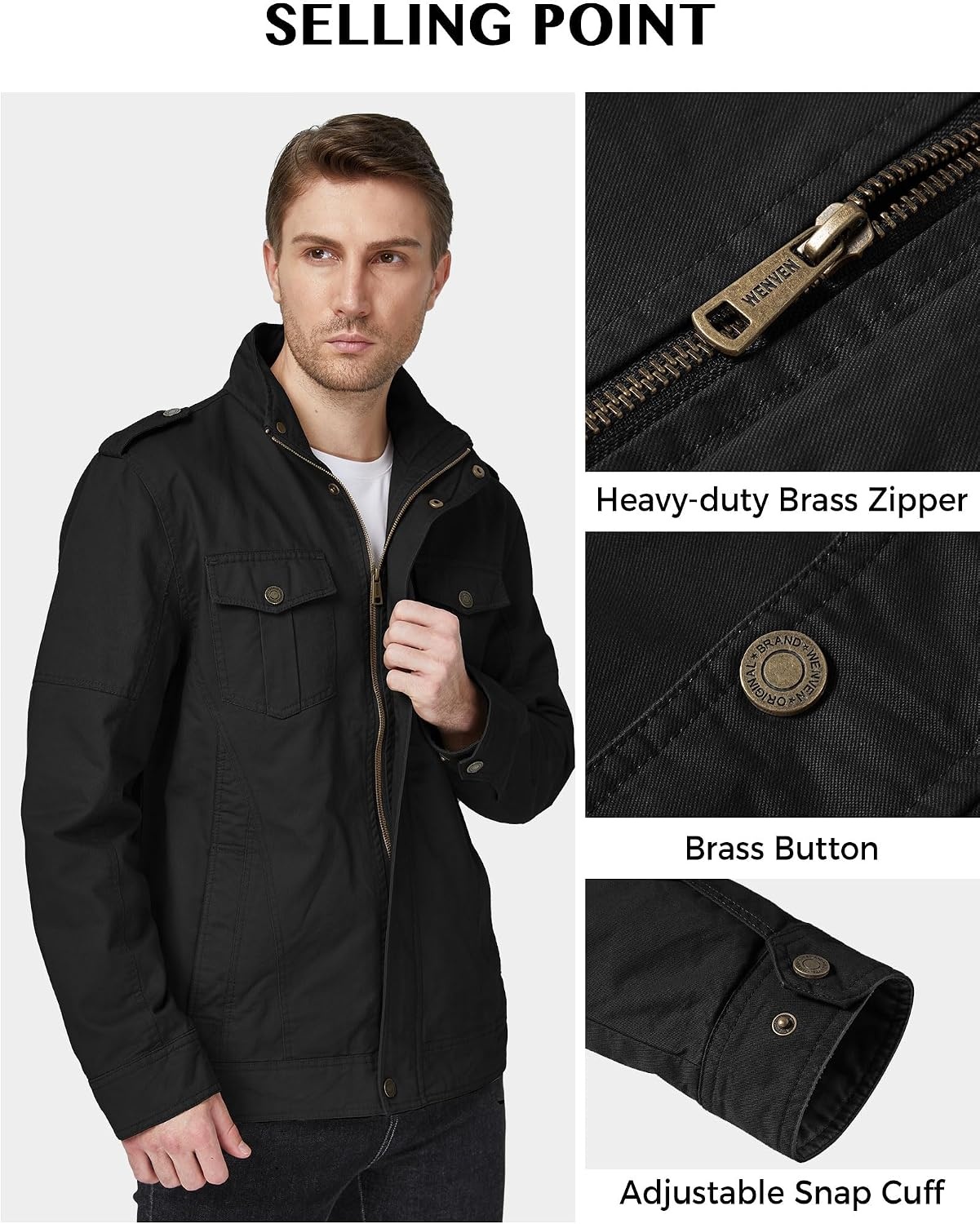 image:imageWenVen Mens Casual Washed Cotton Military Jacket Spring Fall Stand Collar Workwear Canvas CoatBlack
