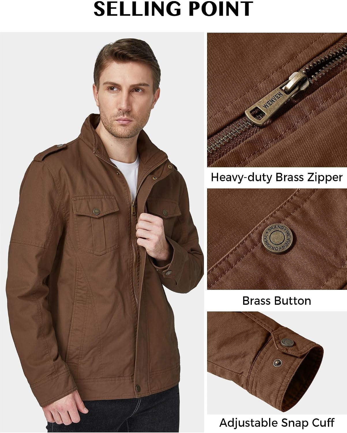 image:imageWenVen Mens Casual Washed Cotton Military Jacket Spring Fall Stand Collar Workwear Canvas CoatCoffee